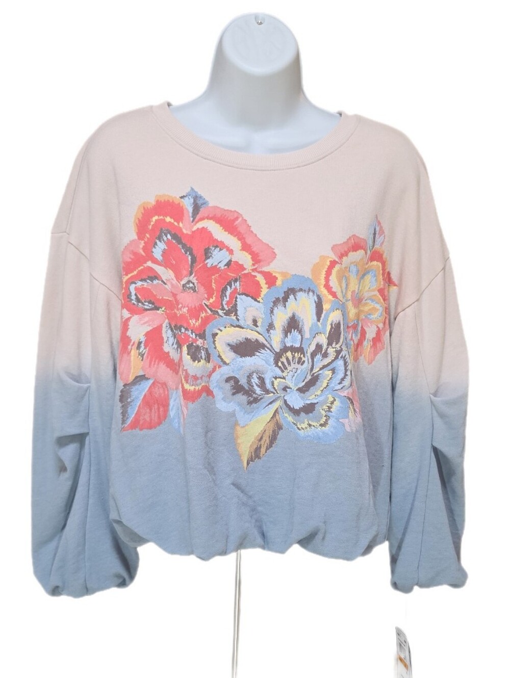 Democracy Dip Dye Floral Bubble Hem Sweatshirt Ombre Crew Neck Long Sleeve S
